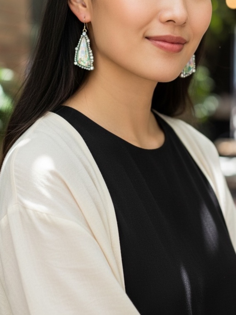 NEW•Sugared + Bronzed Shimmer Crystal & Paua Shell Unique Drop Earrings - Picture 5 of 16